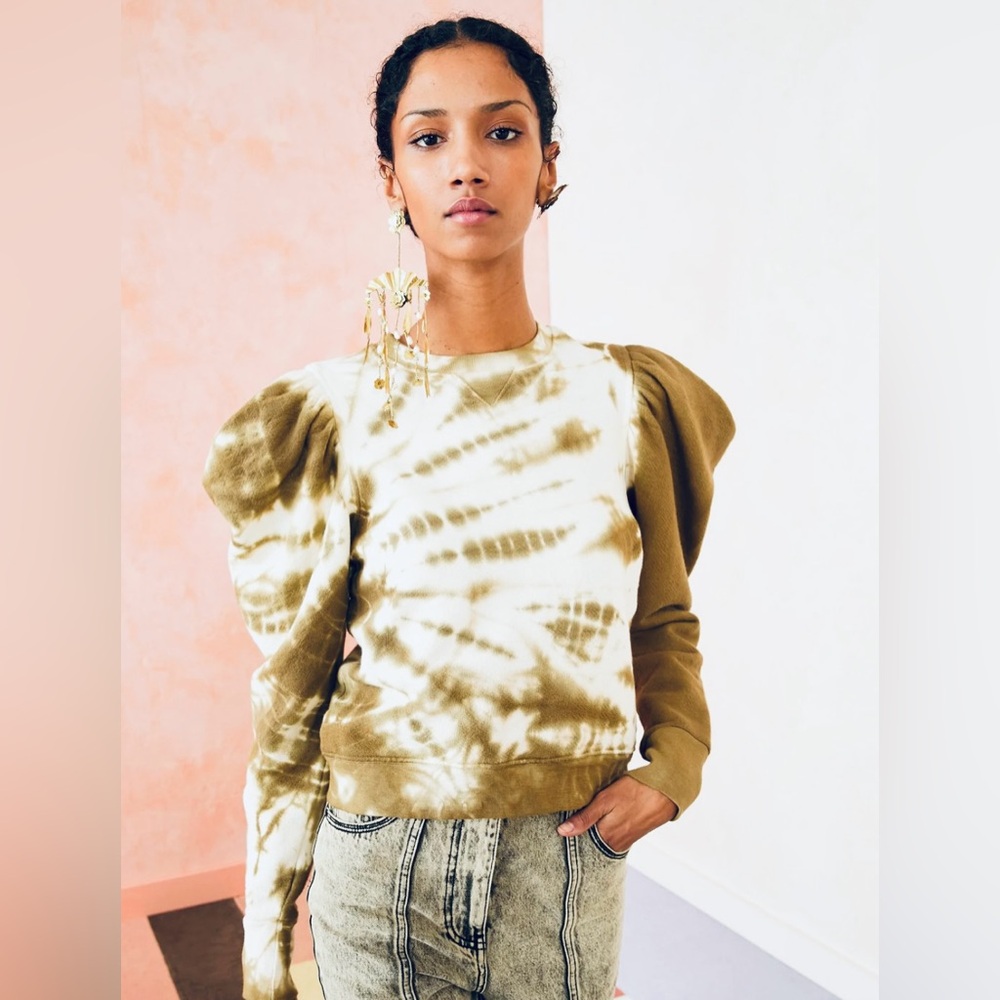Ulla Johnson Olive and Cream Tie-Dye V-Neck Sweatshirt